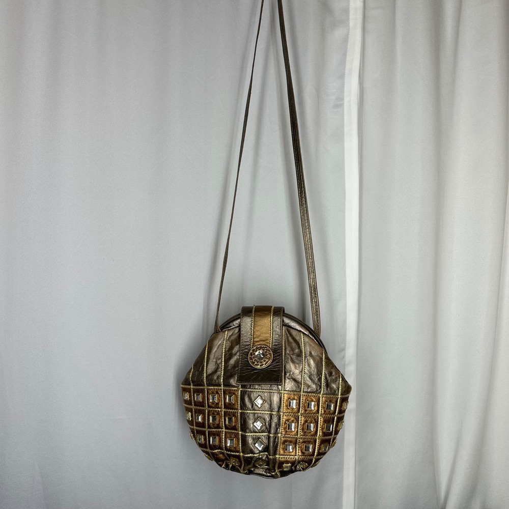 Metallic Bronze Gold Embellished Crossbody‎ Bag Rhinestone Grid Vintage READ